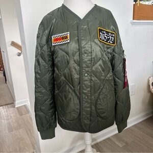 alpha industries QUALITY Green Quilted Bomber Jacket with Patches EXCELLENT